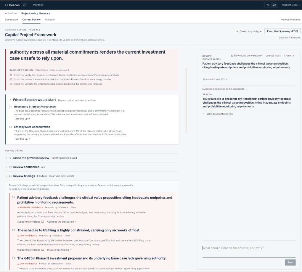 Beacon Project Helix Current Review showing the current professional position, priority matters, findings and review conversation